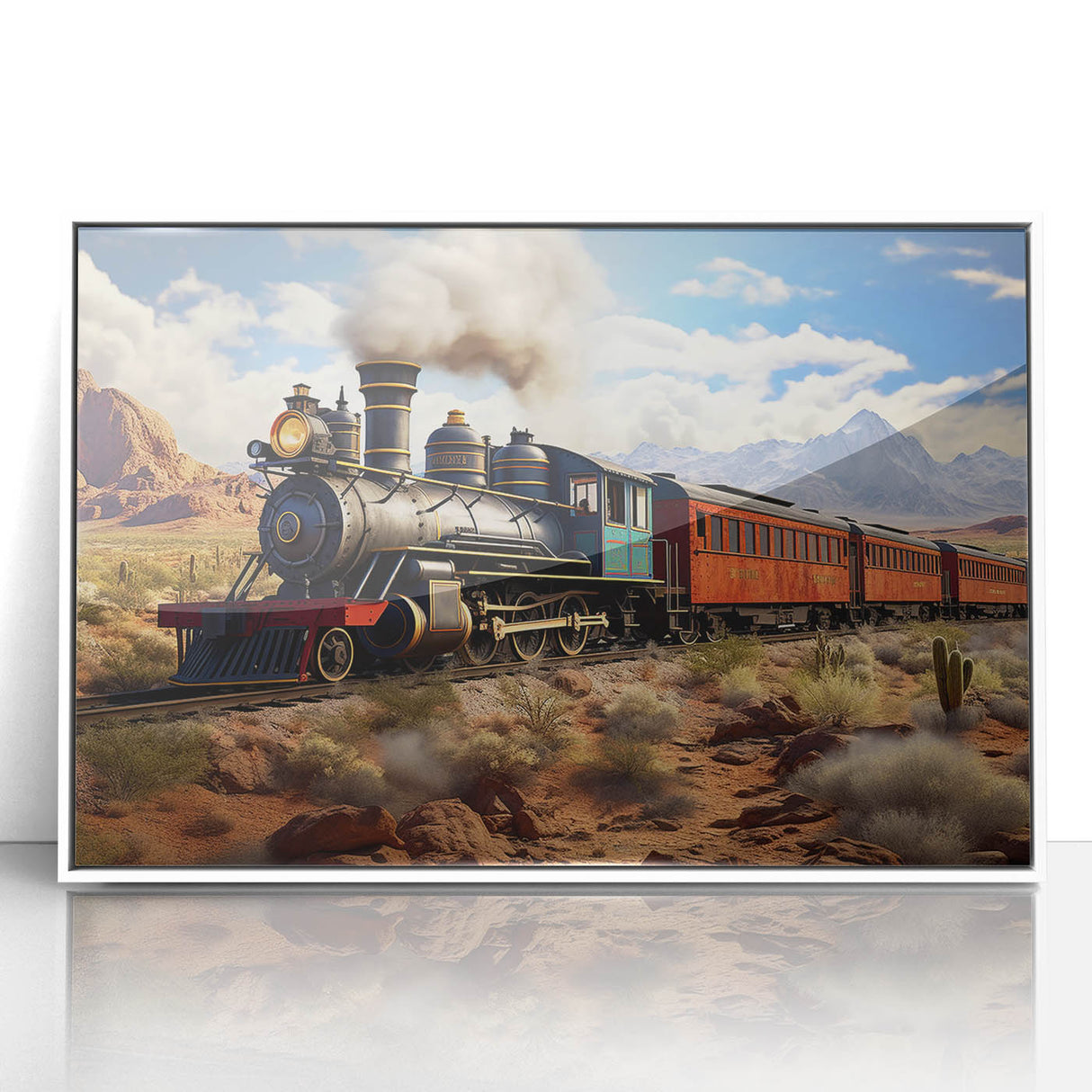 Art deco train poster in muted green and beige tones, acrylic framed print, ideal for nursery wall art.