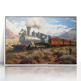 Art deco train poster in muted green and beige tones, acrylic framed print, ideal for nursery wall art.