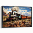 Black and white vintage train landscape on a framed canvas, suitable for bedroom decor.