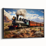 Black and white vintage train landscape on a framed canvas, suitable for bedroom decor.