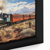 Extra large framed canvas featuring a textured, colorful train design on a black background, ideal for living room decor.