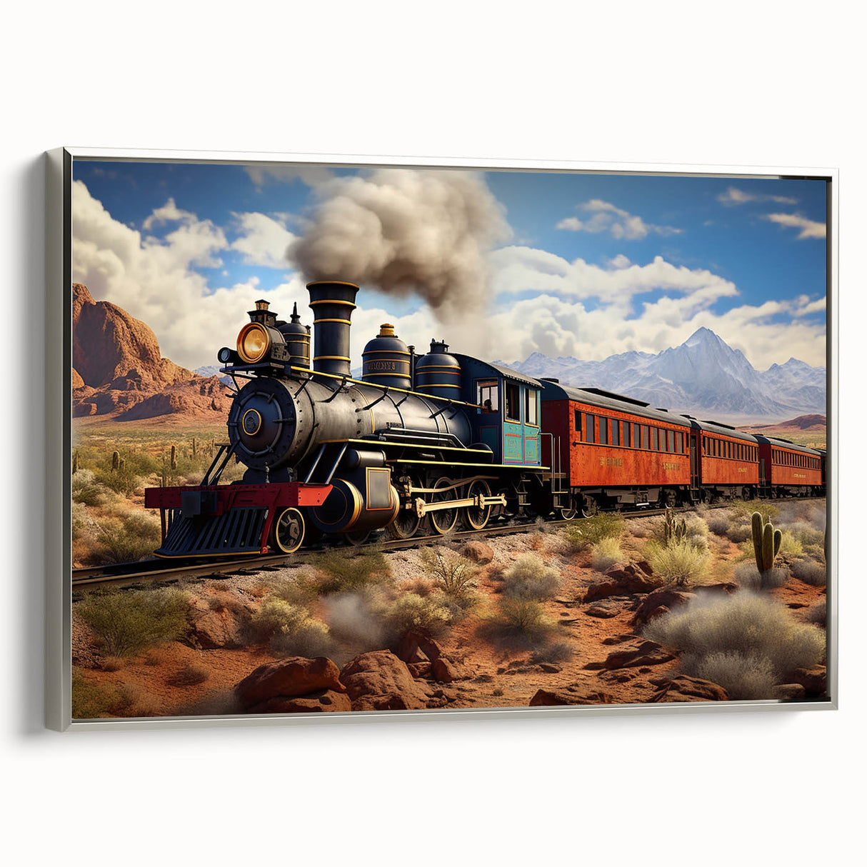 Landscape art painting of a vintage train in colorful art style, displayed on a silver-framed canvas.