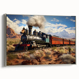 Landscape art painting of a vintage train in colorful art style, displayed on a silver-framed canvas.