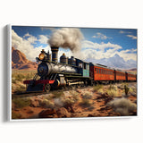 Vintage poster art of a colorful train on a white framed canvas, ideal for extra large living room wall art.