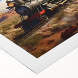 Art deco poster of a streamlined train in motion, rendered in sharp black and white, on rolled canvas.