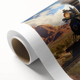 Art deco style train poster in monochrome tones on rolled canvas, ideal for nursery wall art.