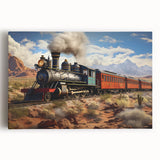 Black and white photo of a vintage train on stretched canvas, ideal for kitchen wall art.