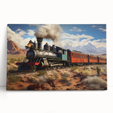 Black and white photo of a vintage train on stretched canvas, ideal for kitchen wall art or bedroom decor.