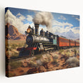 Side view of a vintage train in muted earth tones on a large stretched canvas, suitable for kitchen wall art.