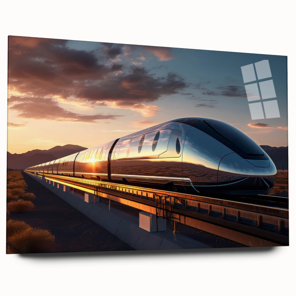 Side view of a large abstract train illustration in muted earth tones on acrylic glass.