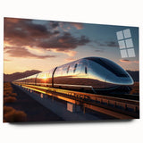 Side view of a large abstract train illustration in muted earth tones on acrylic glass.