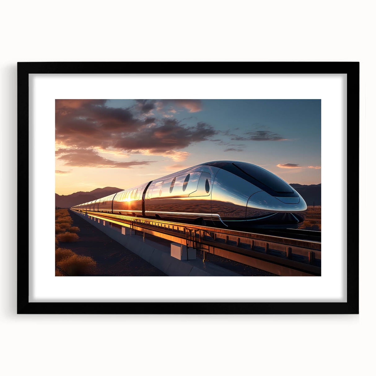 Extra large abstract art print featuring a colorful, textured depiction of trains on a black framed canvas.