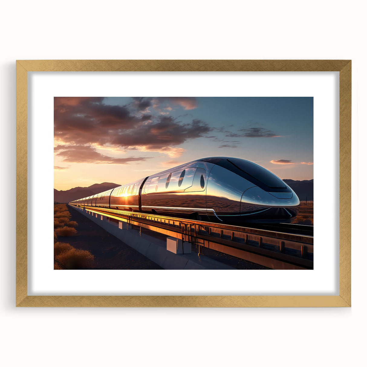 Extra large abstract art print of a train, in gold frame with mat, using a textured style and muted colors.