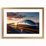 Extra large abstract art print of a train, in gold frame with mat, using a textured style and muted colors.