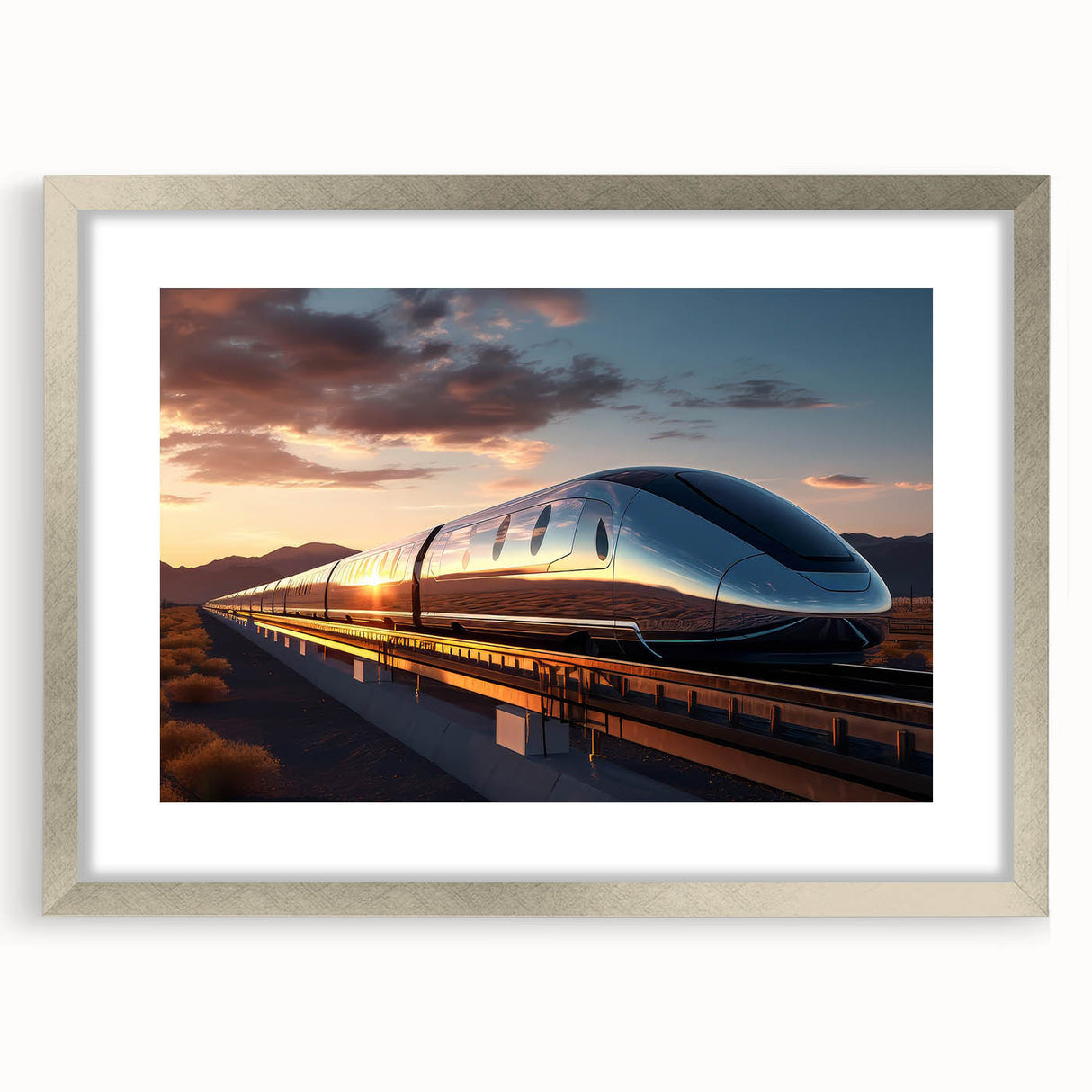Textured abstract art print of a train in muted gray, on a silver framed mat, ideal for bedroom wall decor.