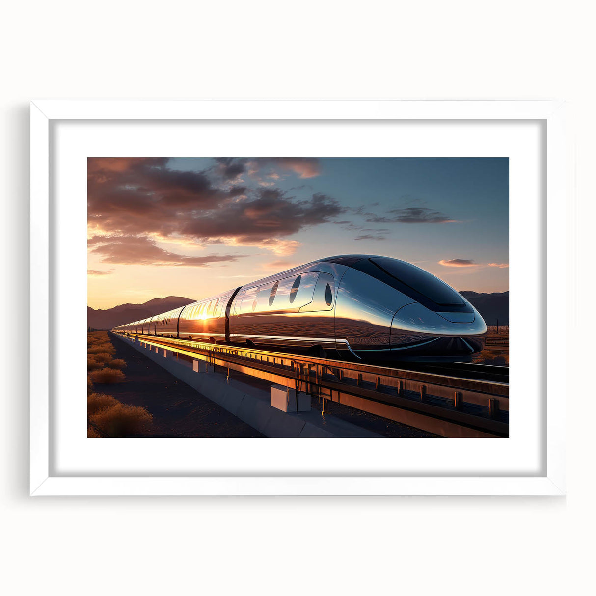 Abstract art print of a stylized train in muted gray and blue tones, framed with a white mat.