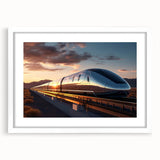 Abstract art print of a stylized train in muted gray and blue tones, framed with a white mat.