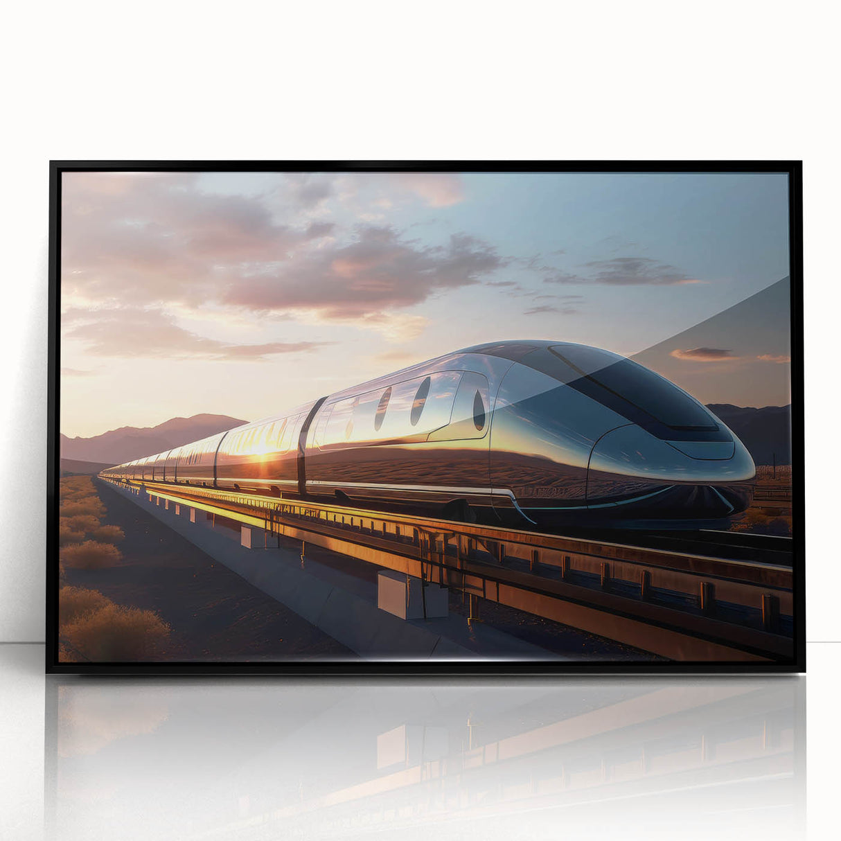 Large abstract wall art featuring a stylized train design in black and gray tones on framed acrylic.