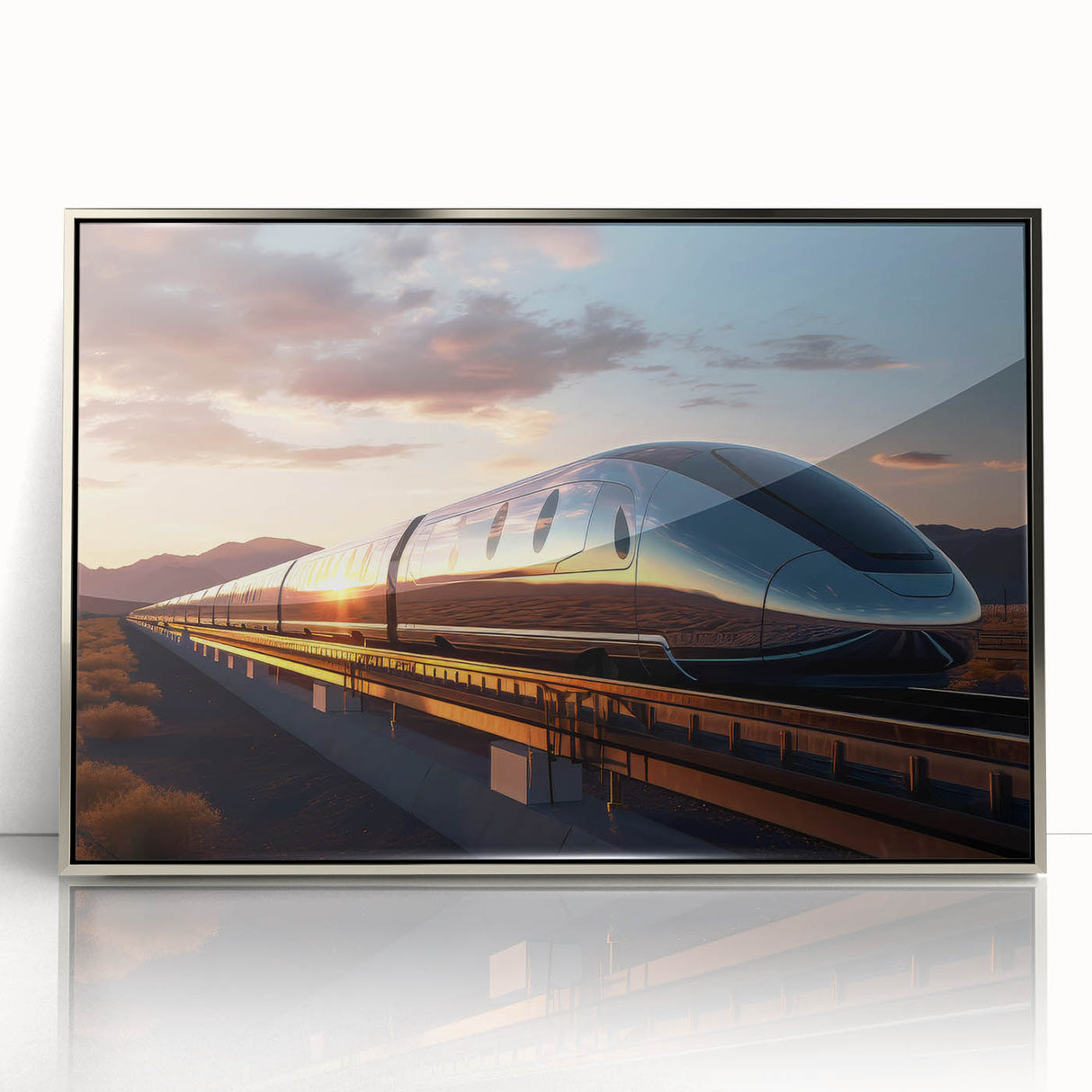 Mid-century modernist train art in acrylic, with cool blue and gray tones, framed in silver, suitable for nursery wall art.