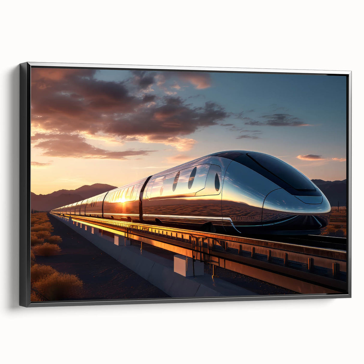 Black and white vintage poster art of a train landscape on framed canvas, suitable for bedroom decor.