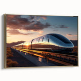 Framed canvas featuring a vintage train landscape in black and gold tones, suitable as wall art for a bedroom.