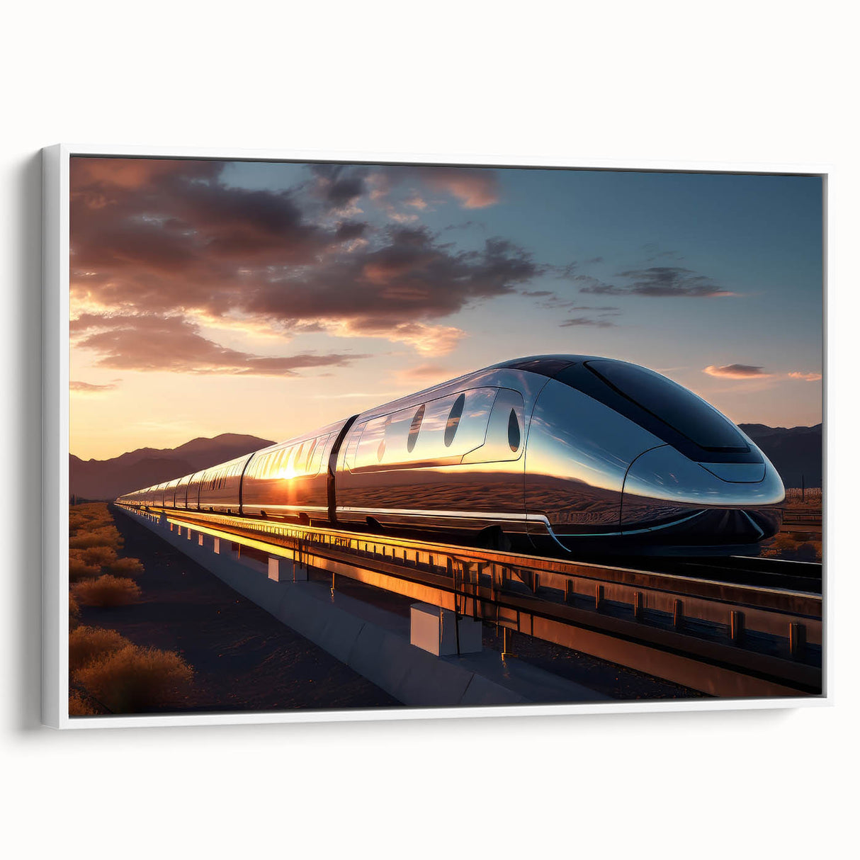 Vintage poster art of a train on a framed canvas, featuring vibrant colors on a black background.