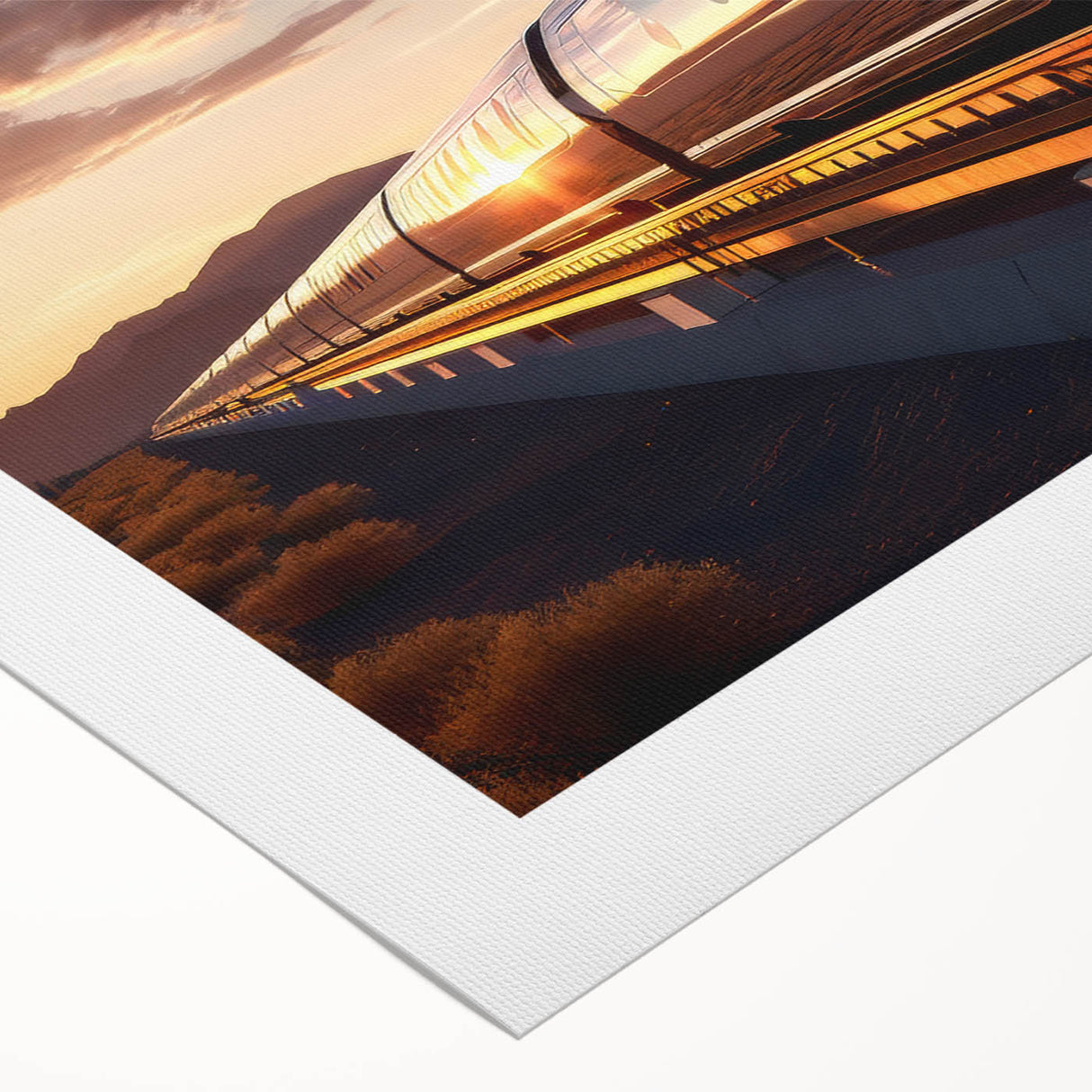 Art deco poster featuring a streamlined train in muted silver and blue tones on rolled canvas.
