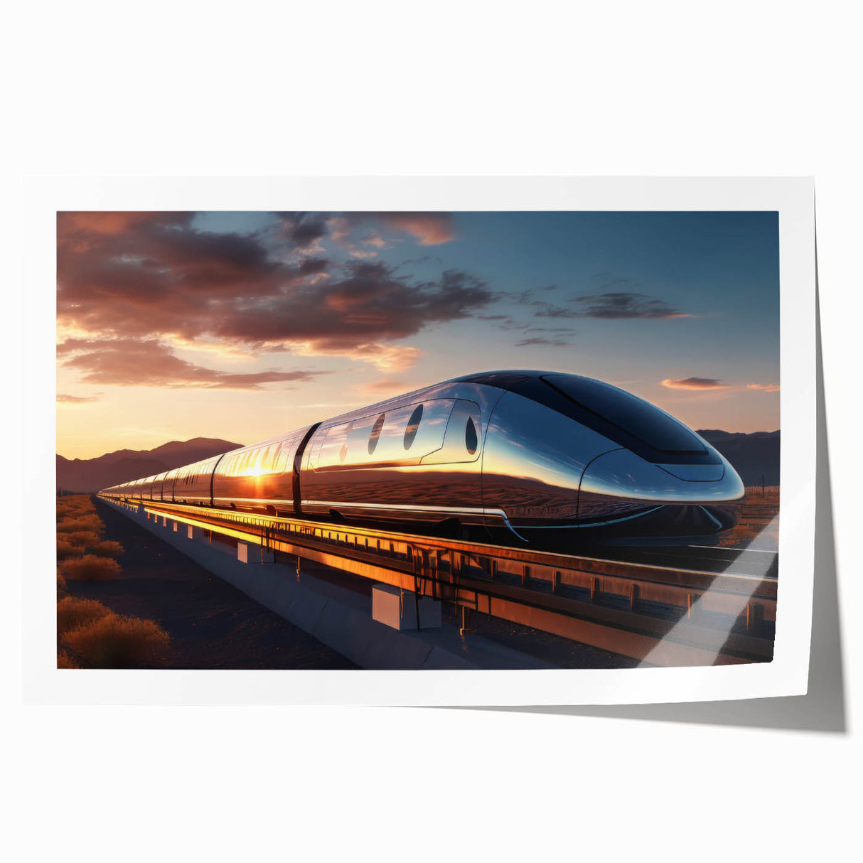 Extra large rolled print of a vintage train, utilizing muted earth tones, ideal for art wall dining room.
