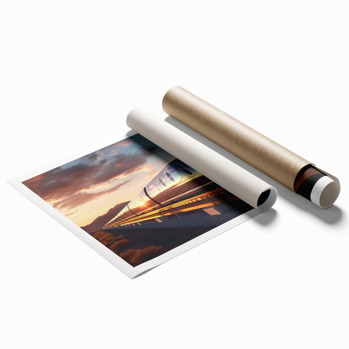 Extra large wall art featuring a detailed illustration of a train, in muted earth tones on rolled canvas.