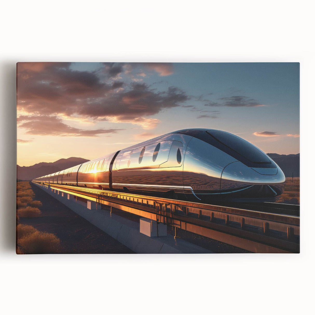 Black and white photo of a vintage train on stretched canvas, ideal for kitchen wall art.