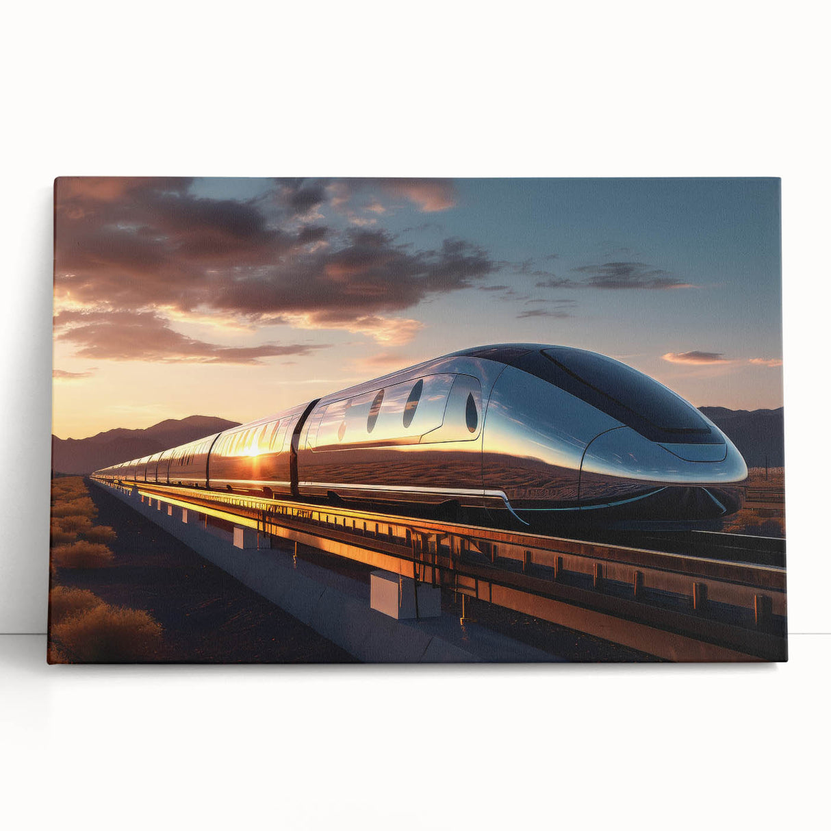Black and white photo of a vintage train on stretched canvas, ideal for kitchen wall art or bedroom decor.