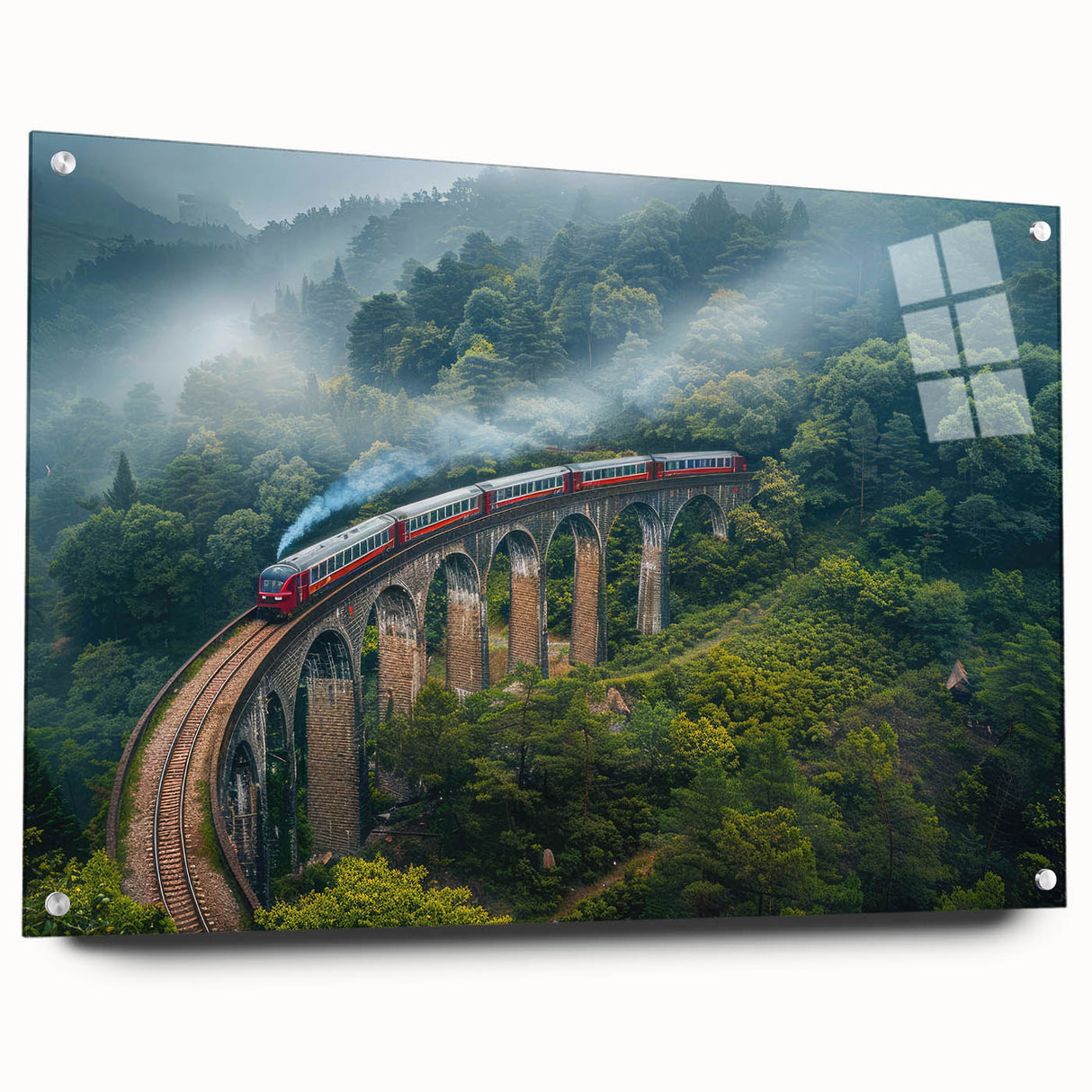 Side view of a train in muted gray and blue tones on acrylic glass, ideal for modern bedroom or dining room decor.