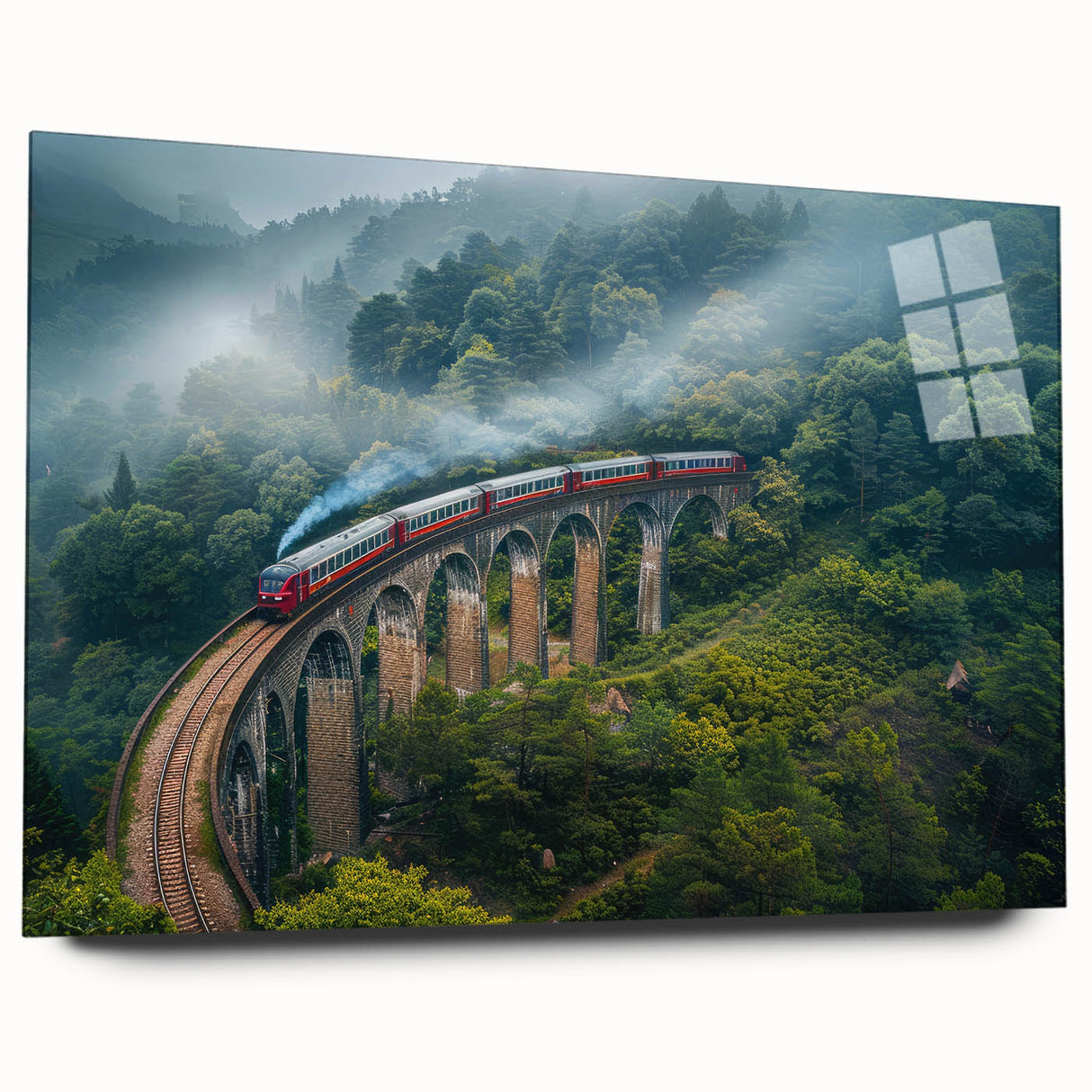 Side view of a large abstract train design in muted grays and blues on acrylic glass, ideal for bedroom or dining room art.