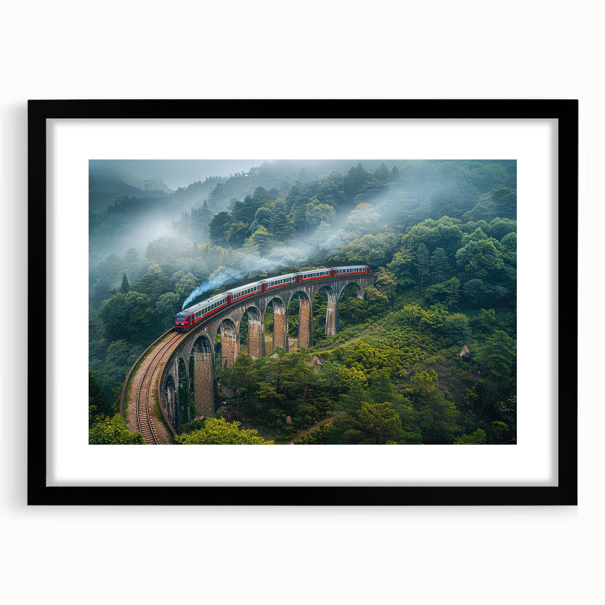 Abstract art print featuring a vibrant, colorful train on textured canvas, framed in black, ideal for living room decor.
