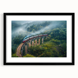 Abstract art print featuring a vibrant, colorful train on textured canvas, framed in black, ideal for living room decor.