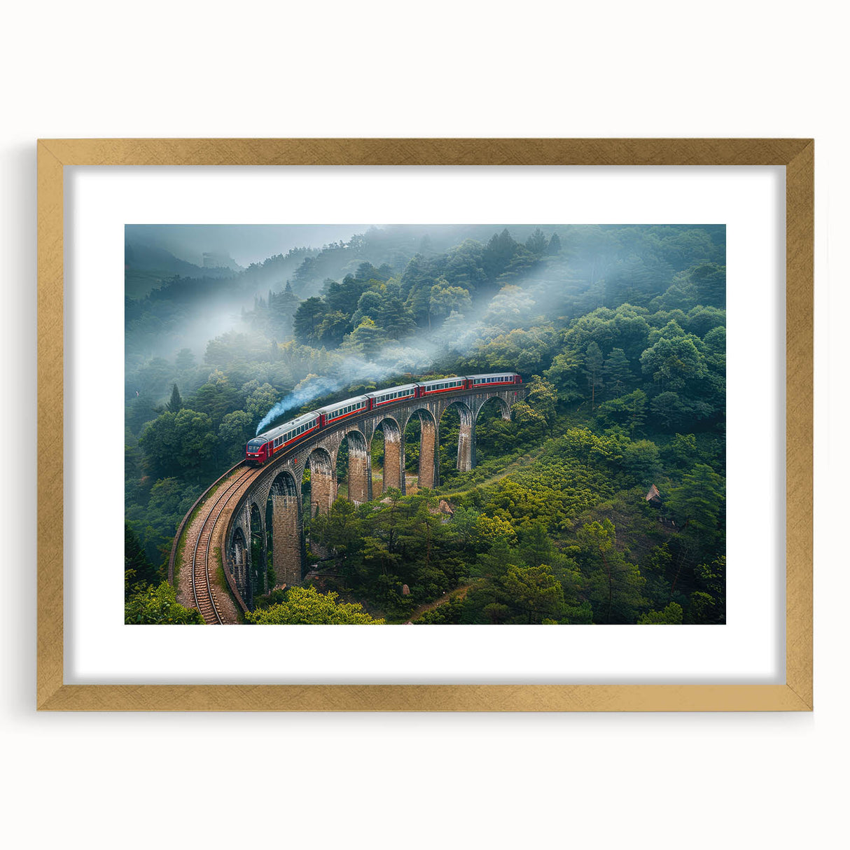 Extra large abstract art print of a stylized train in textured gray and black, framed in gold, ideal for living room decor.