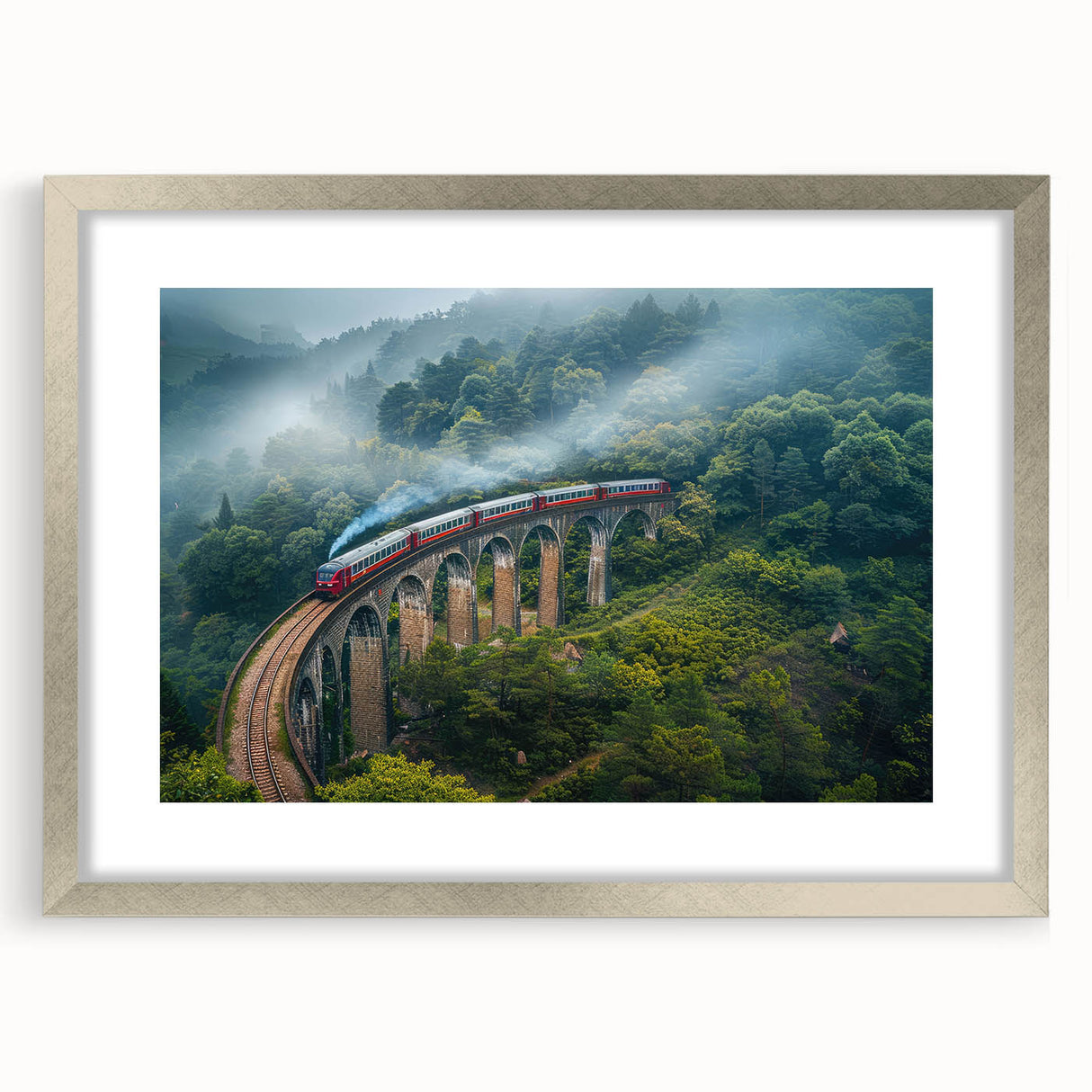 Textured abstract art print of a stylized train in silver tones, framed with a mat, suitable for bedroom decor.