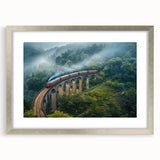 Textured abstract art print of a stylized train in silver tones, framed with a mat, suitable for bedroom decor.