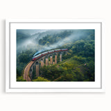 Abstract art print of a stylized train in blue and gray tones on a white framed poster, suitable for dining room decor.