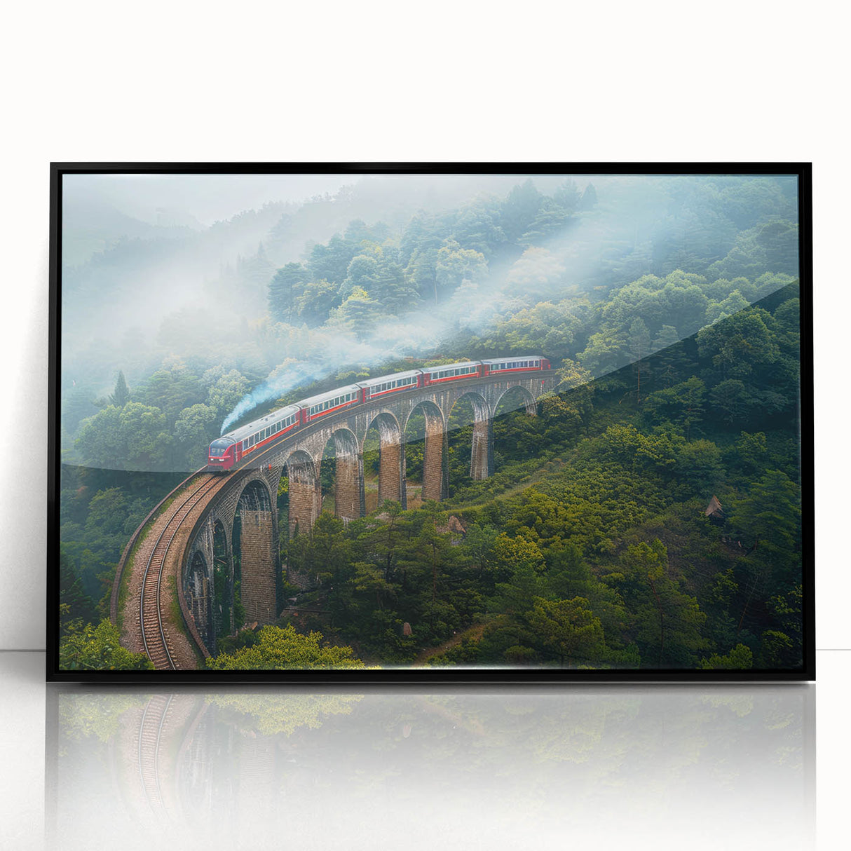 Large abstract wall art featuring a stylized train in monochrome tones on a framed acrylic.