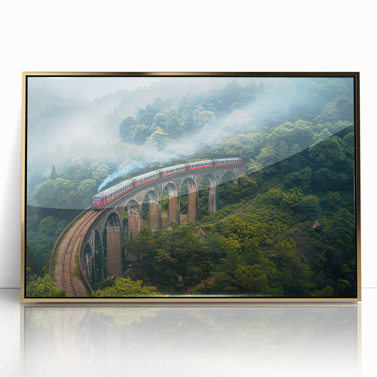 Mid-century modernist train illustration in muted earth tones on a large framed acrylic, ideal for nursery wall decor.
