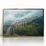 Mid-century modernist train illustration in muted earth tones on a large framed acrylic, ideal for nursery wall decor.