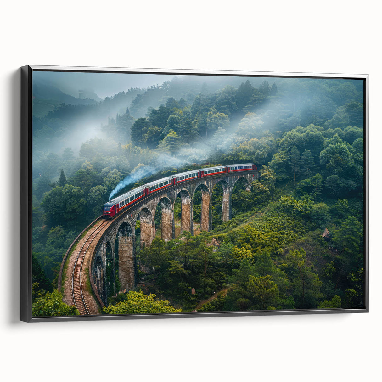 Black and white vintage train landscape on framed canvas, ideal for bedroom wall art.