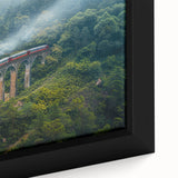 Extra large framed canvas depicting a black steam train with colorful textured details, ideal for living room decor.