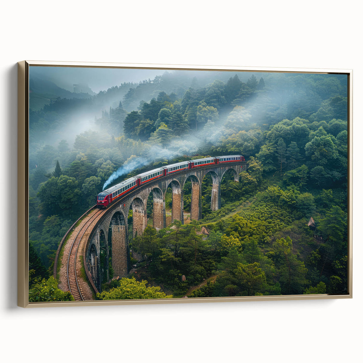 Vintage poster art of a black train in a landscape, framed canvas, ideal for bedroom wall decor.