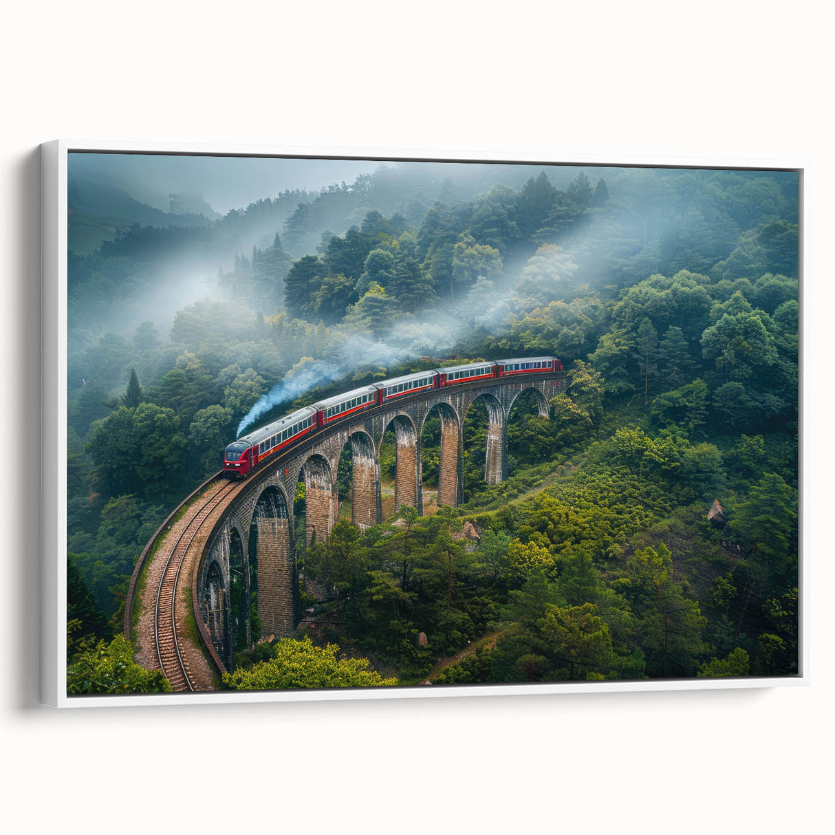 Vintage poster art featuring a colorful train on a black background, printed on a large framed canvas.