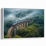 Vintage poster art featuring a colorful train on a black background, printed on a large framed canvas.