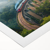 Art deco poster of a vintage train in muted blues and grays on rolled canvas, ideal for dining room wall art.