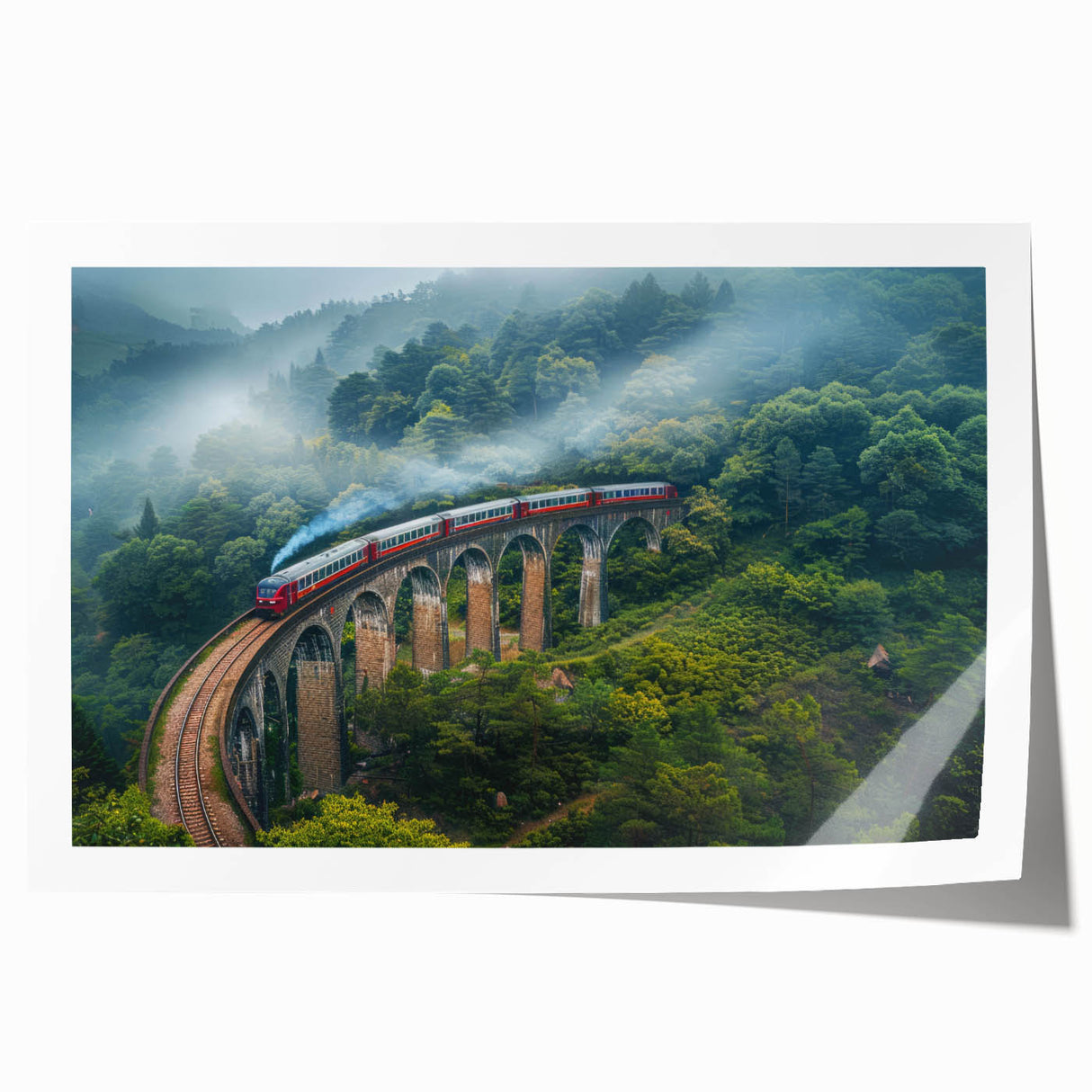 Vintage train illustration in muted earth tones on a rolled canvas, suitable for art wall dining room.