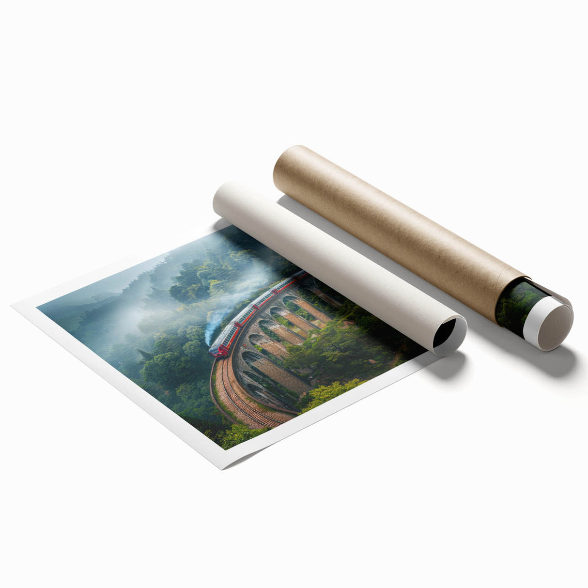 Extra large rolled print depicting a vintage train in muted earth tones.